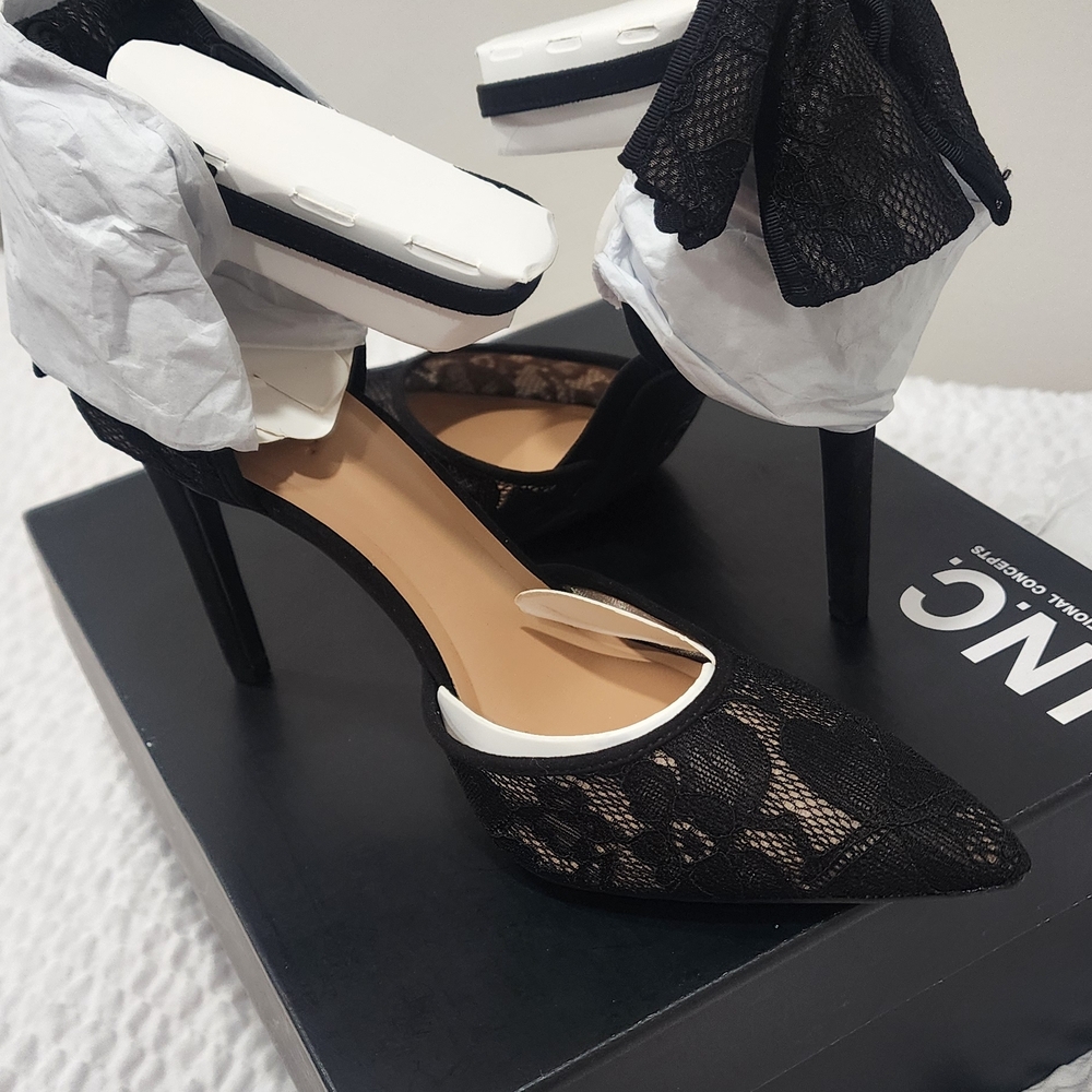 INC International Concepts Black Lace Pointed Stiletto Heels with White Trim